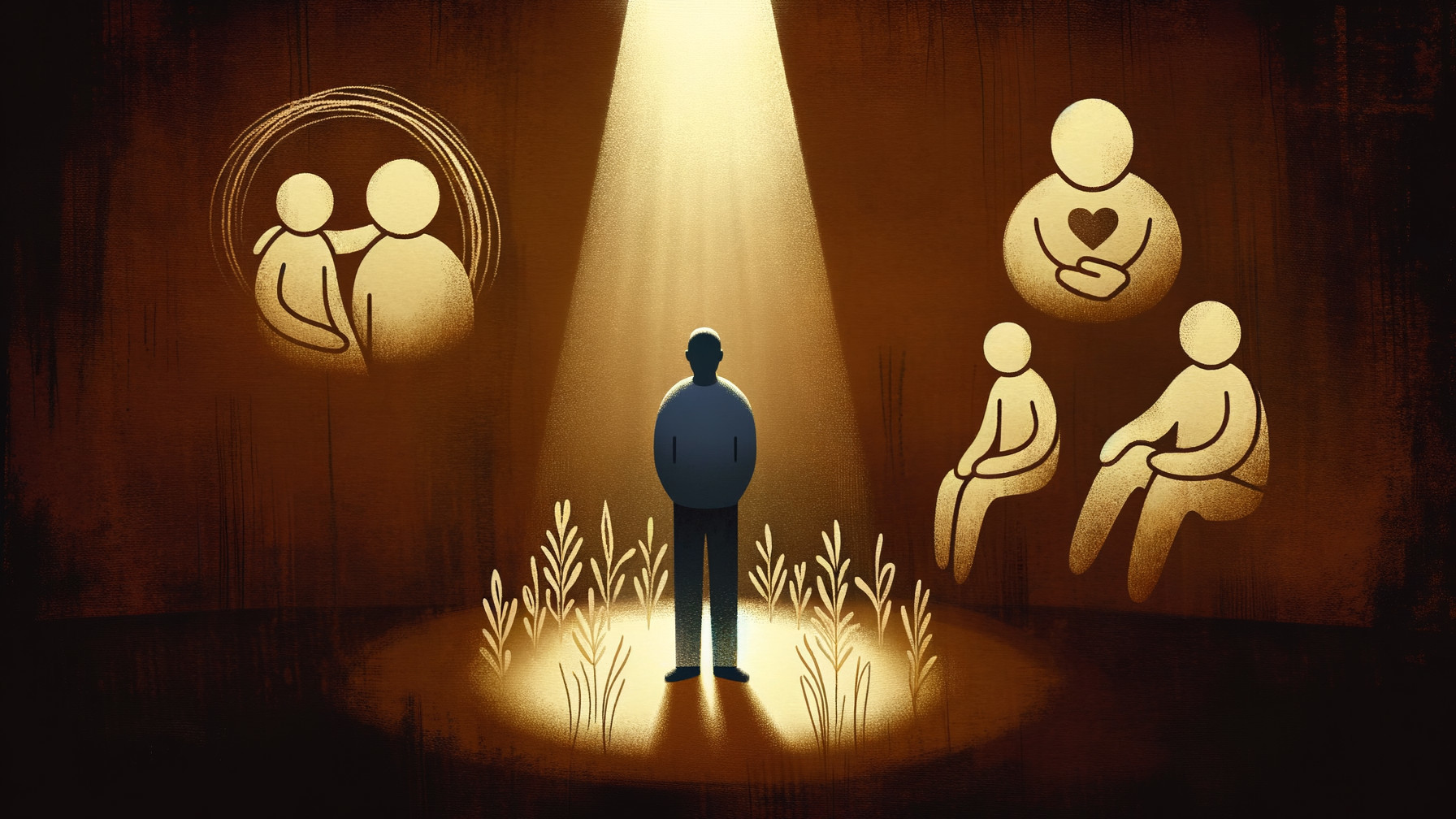 Solitary Figure in Spotlight with Abstract Support Themes