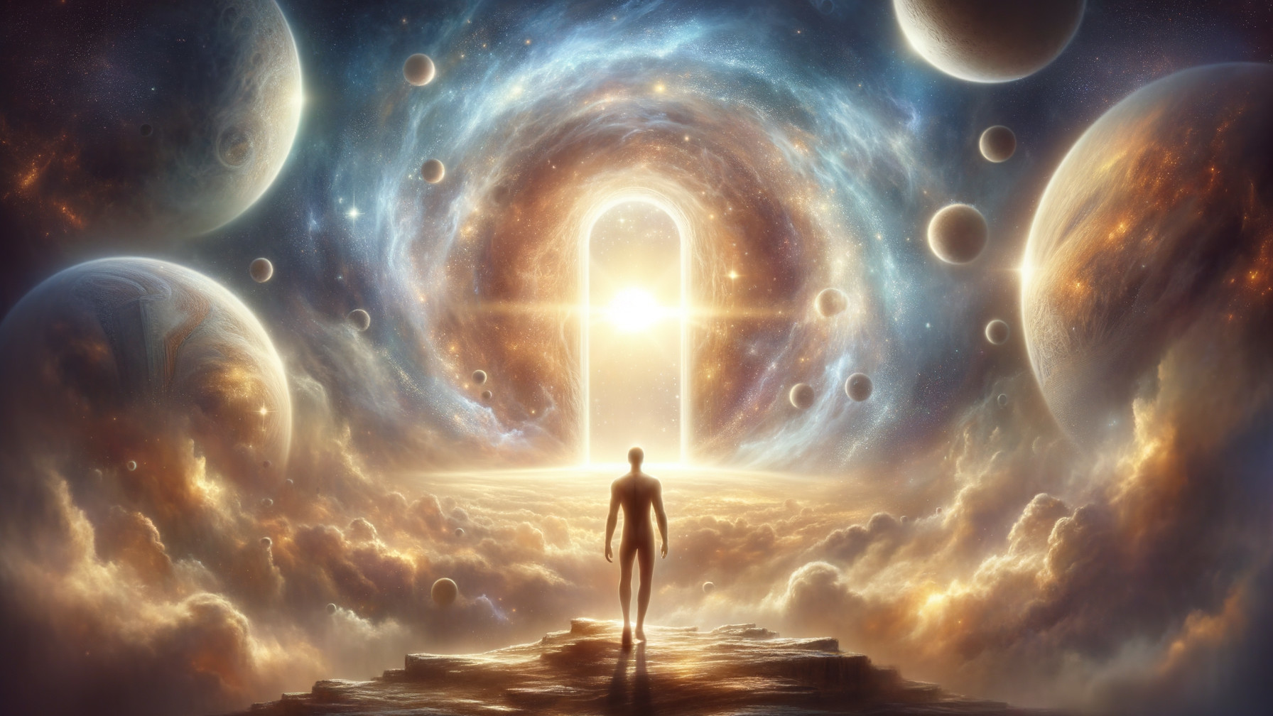 Solitary Figure Before Radiant Portal in Cosmic Landscape