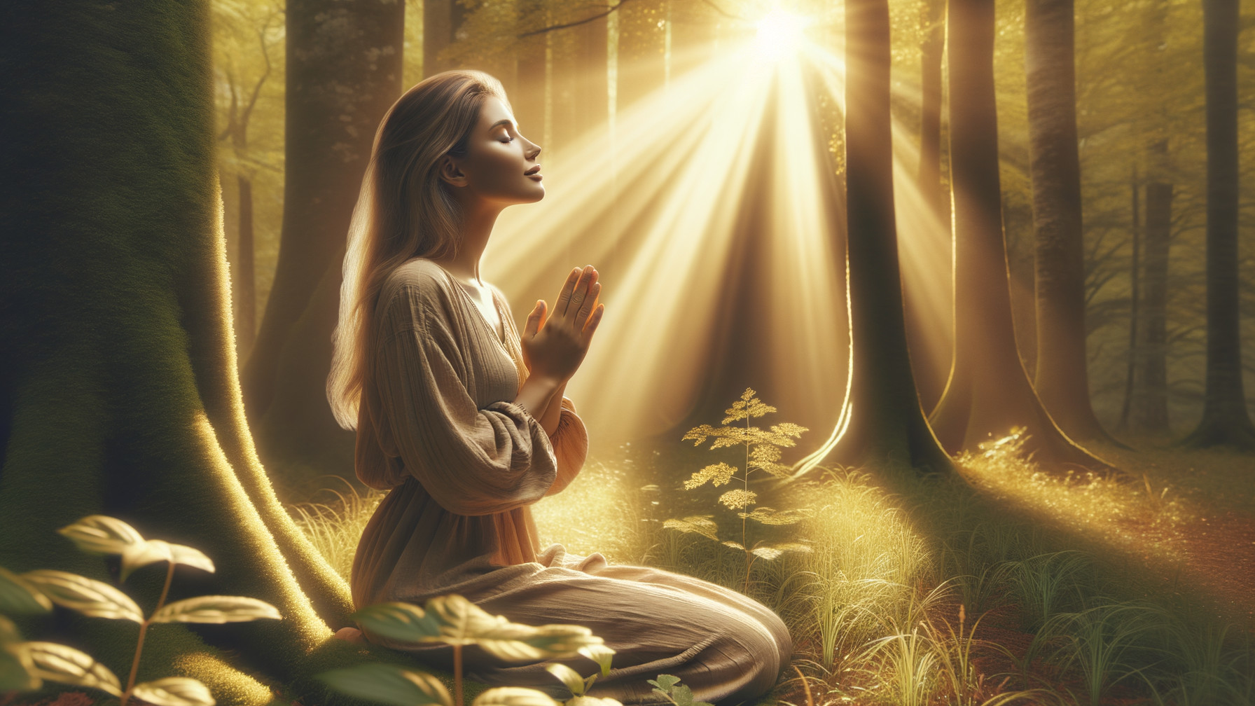 Young Woman Praying in a Sunlit Forest Setting