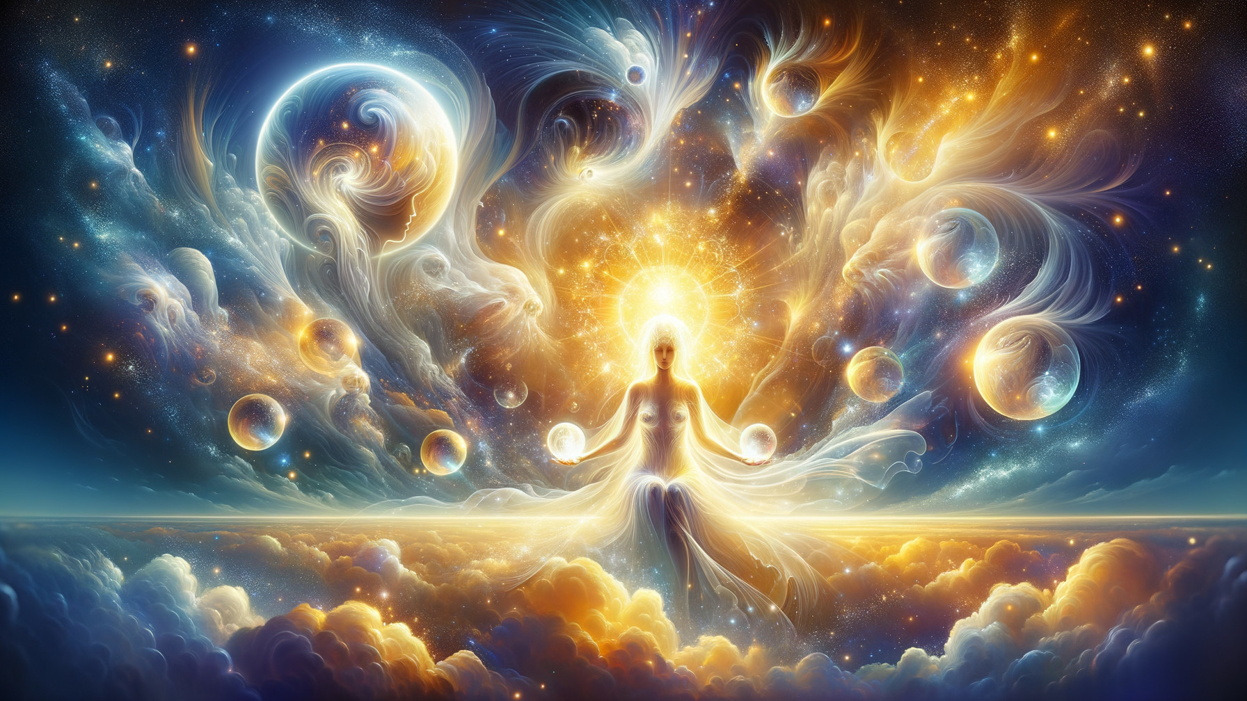 Ethereal Being on Cloud with Energy Spheres and Halo