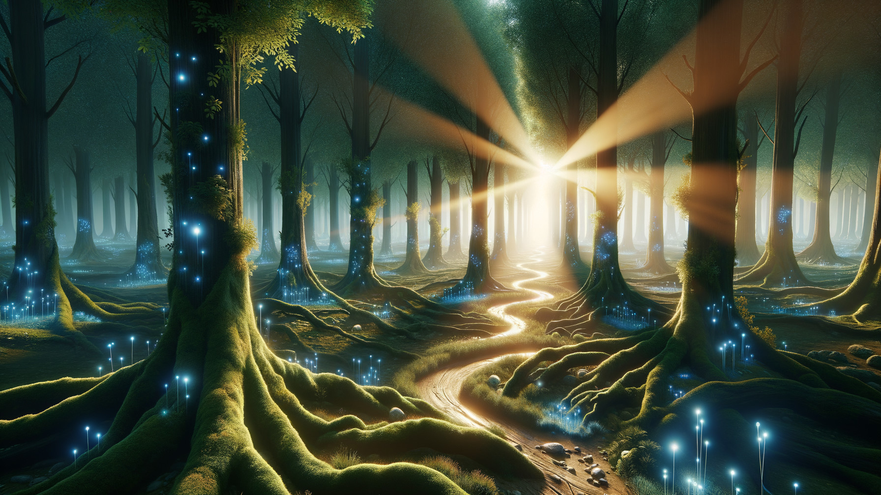 Mystical forest with golden light and vibrant moss