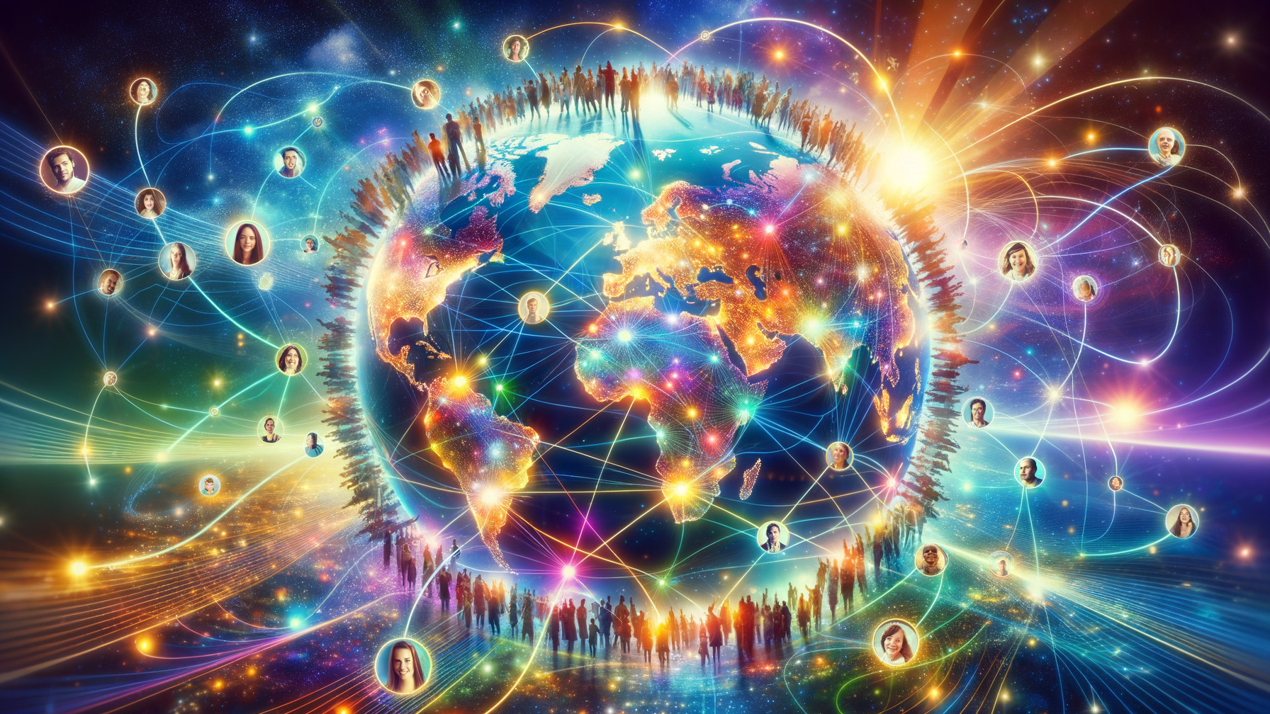 Earth Surrounded by Colorful Connections and Silhouettes