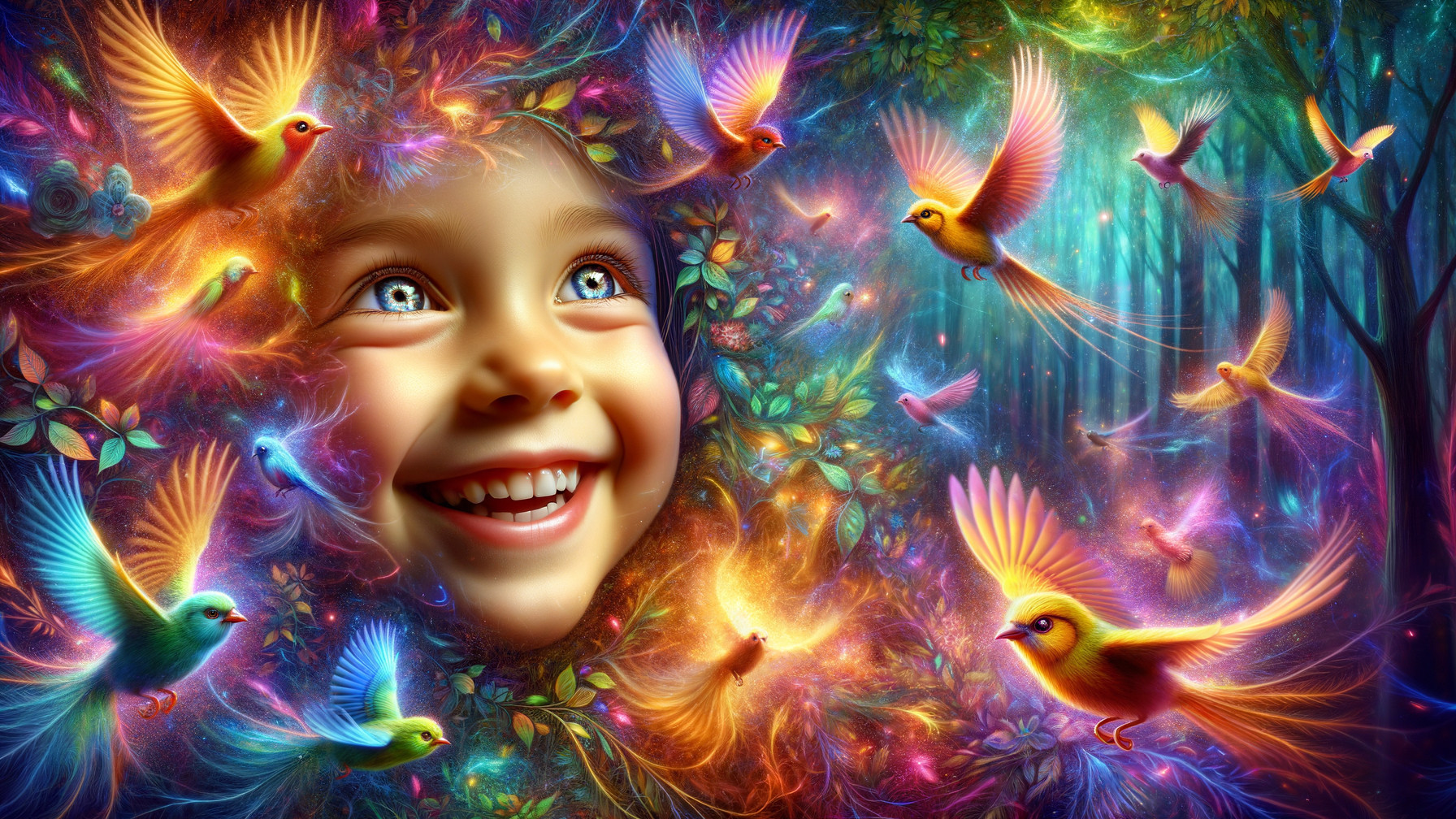 Joyful Child in a Colorful, Magical Forest Scene