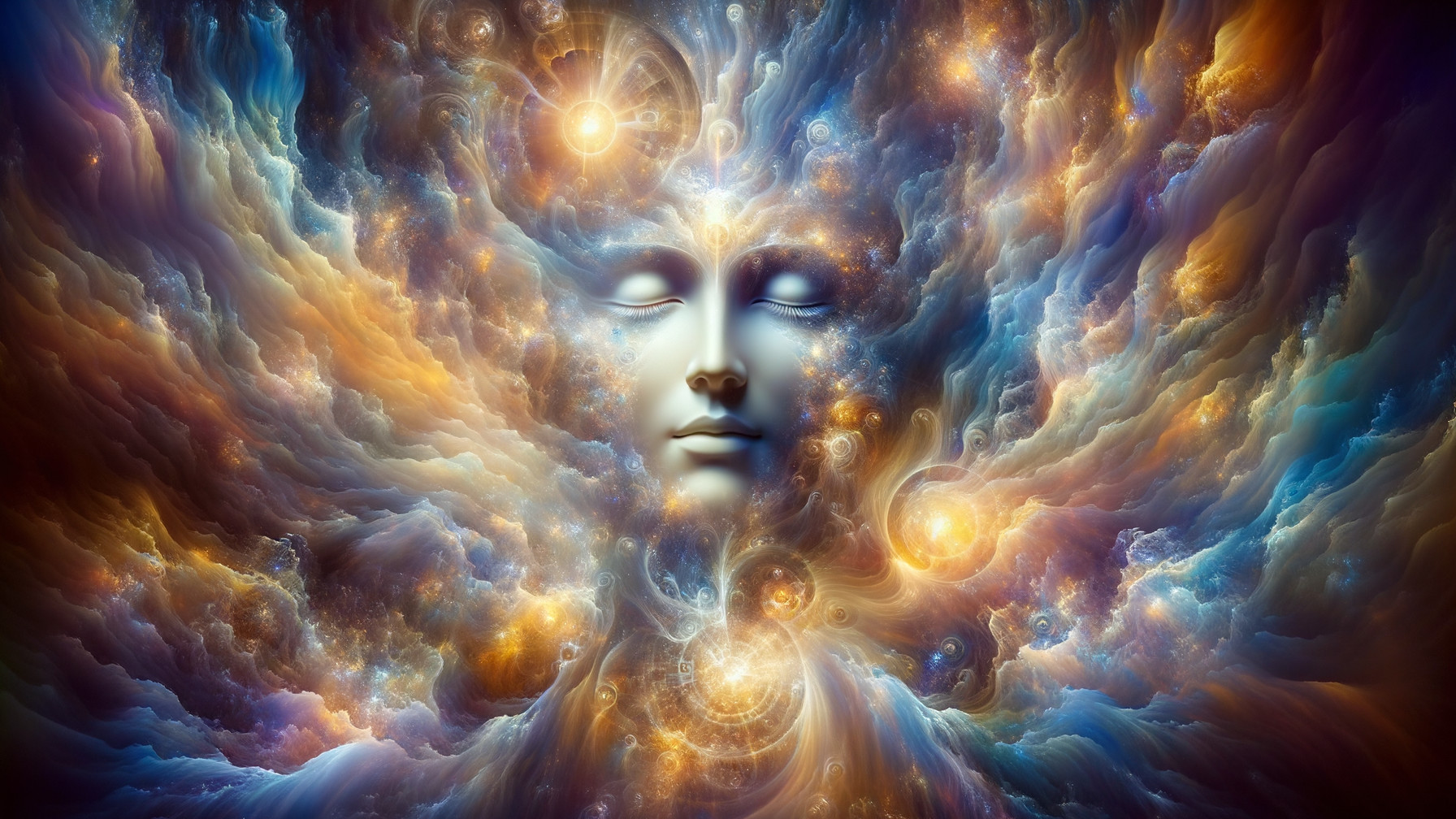 Ethereal Face in Vibrant Cosmic Colors and Light Orbs