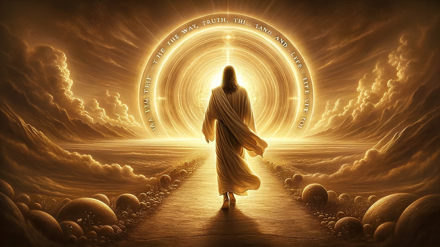 Radiant Figure on Golden Pathway with Ethereal Clouds