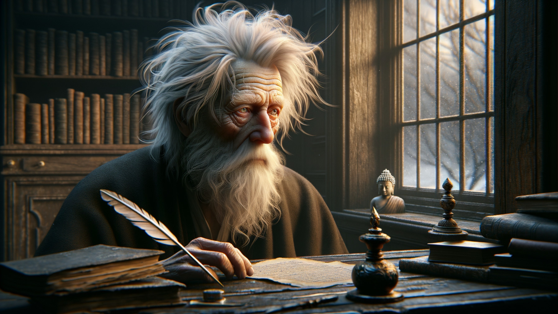 Elderly Man in Thoughtful Setting with Books and Buddha