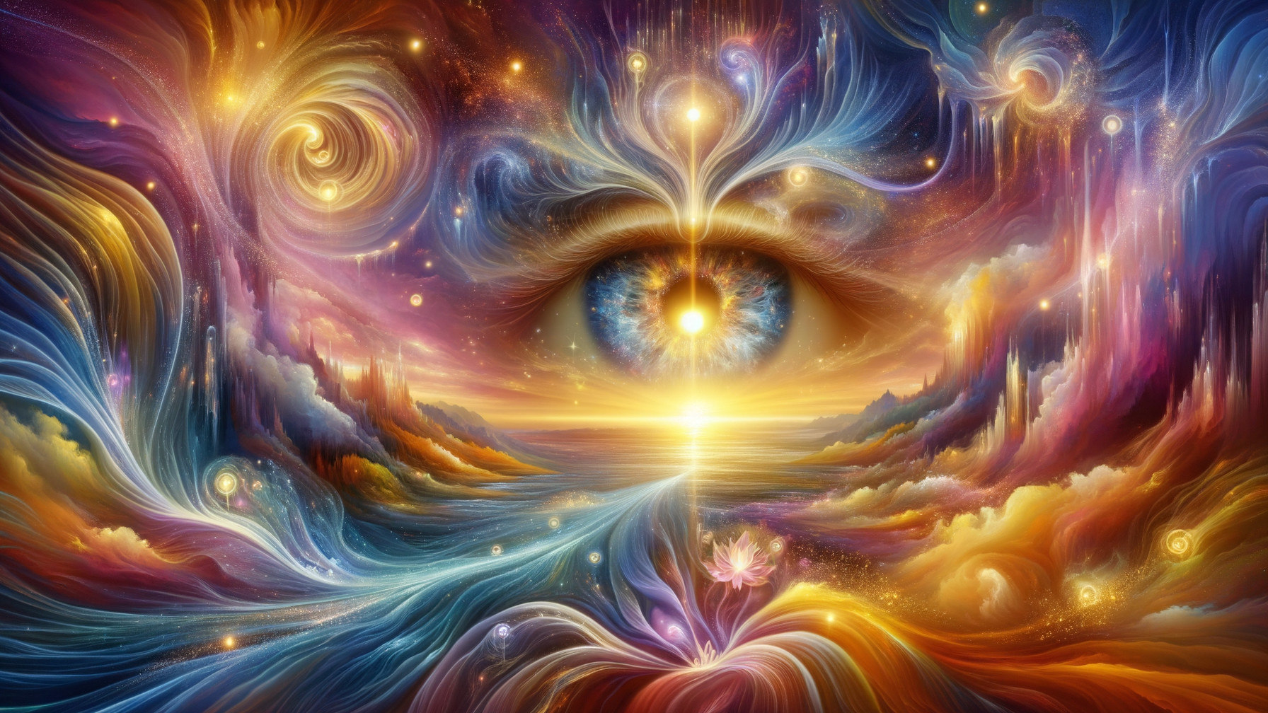 Vibrant Cosmic Landscape with Eye and Lotus Blossom