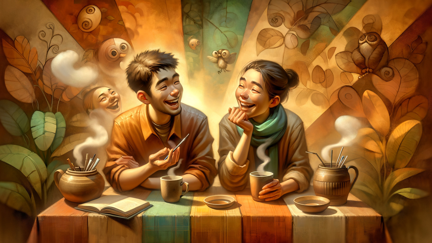 Warm Illustration of Young Adults Enjoying Coffee Together