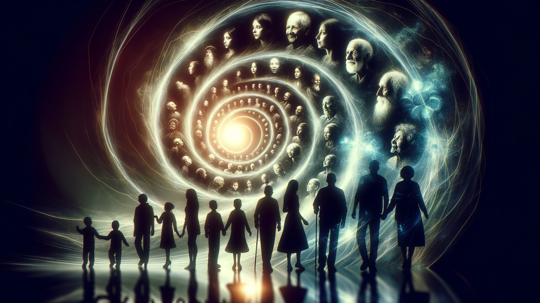 Silhouetted Group Facing Luminous Spiral of Faces