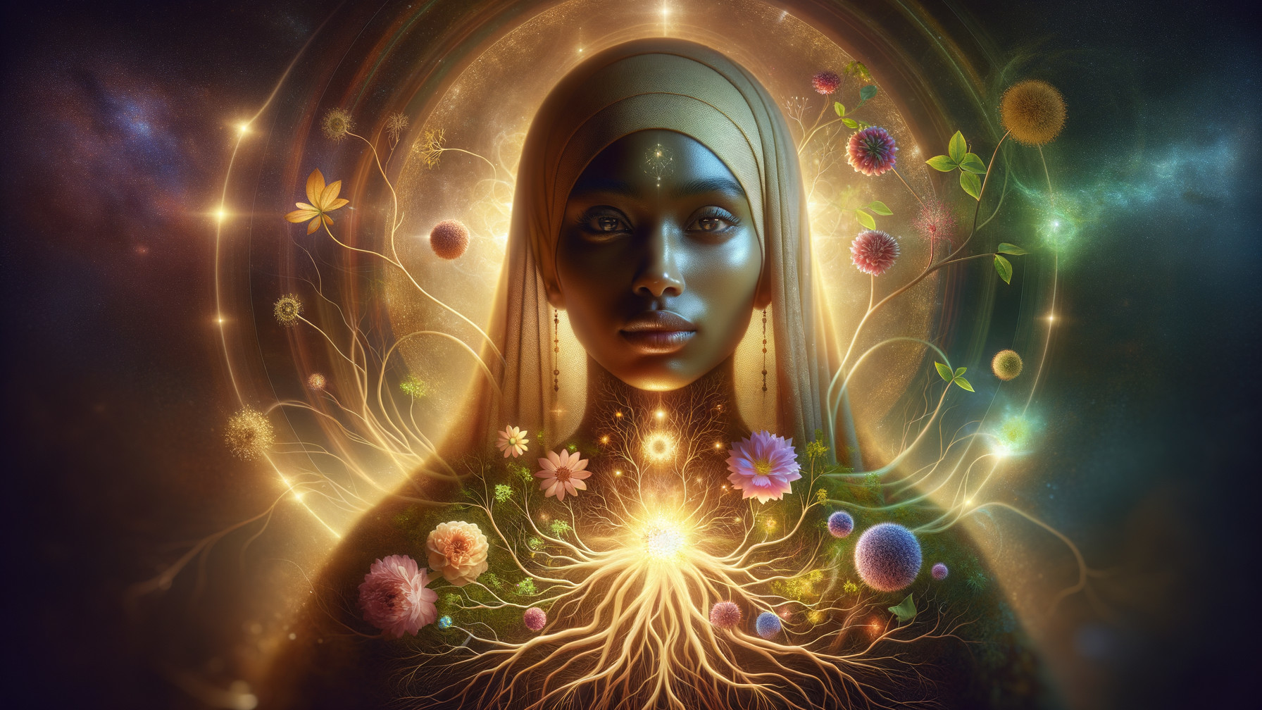 Mystical Portrait of a Woman with Celestial Elements