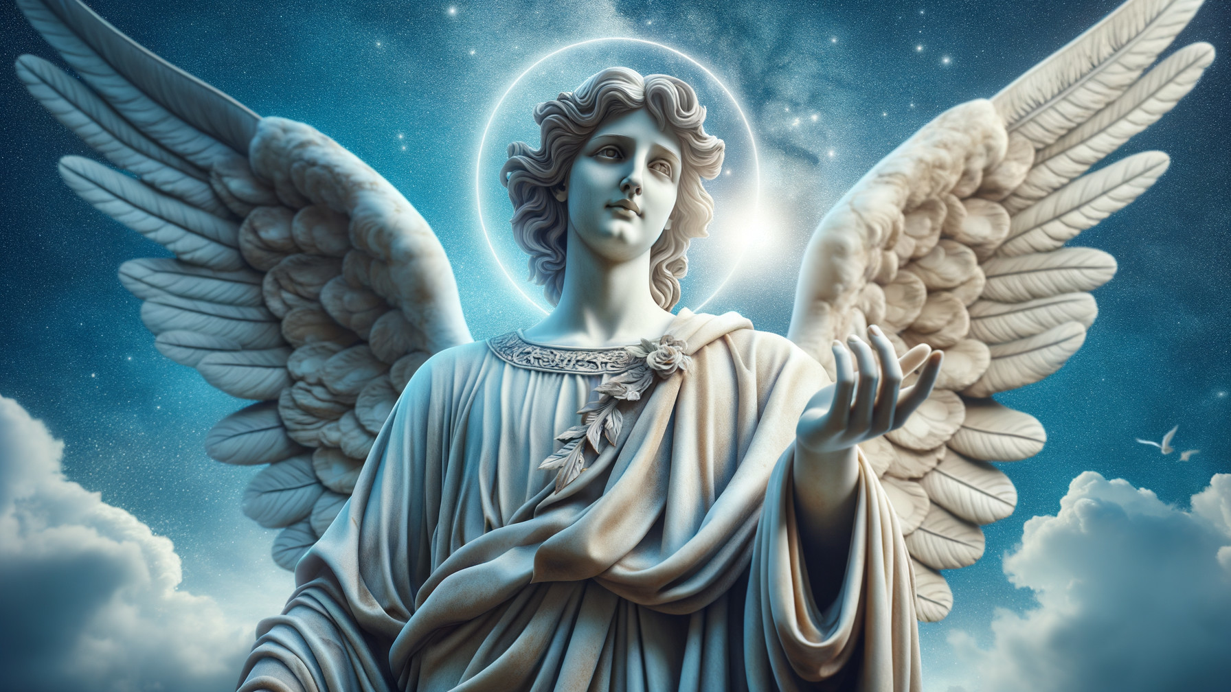 Majestic Angel with Detailed Wings in Celestial Scene