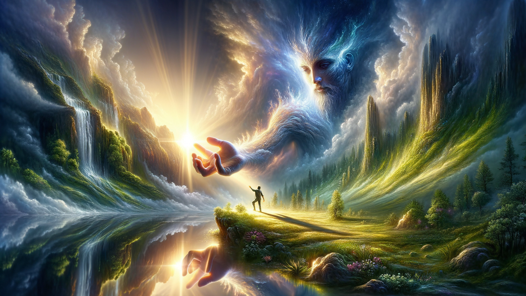 Surreal Landscape with Ethereal Figure and Waterfalls