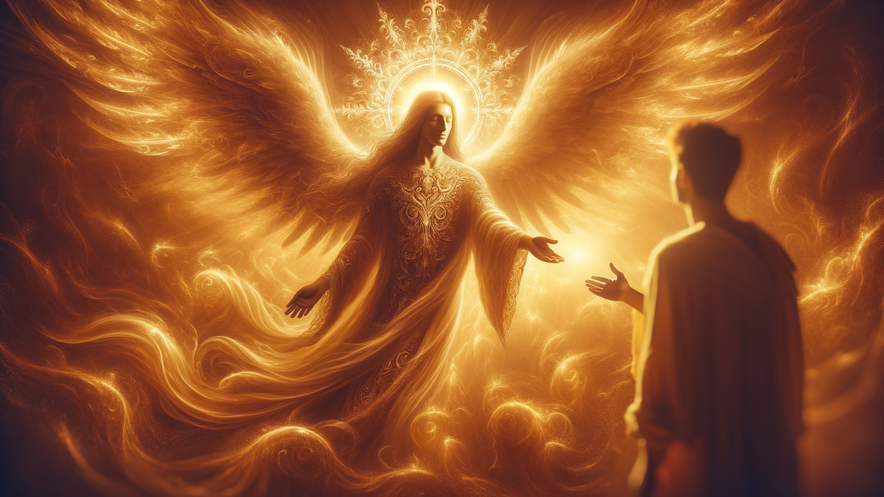 Majestic angel with shimmering wings in serene scene