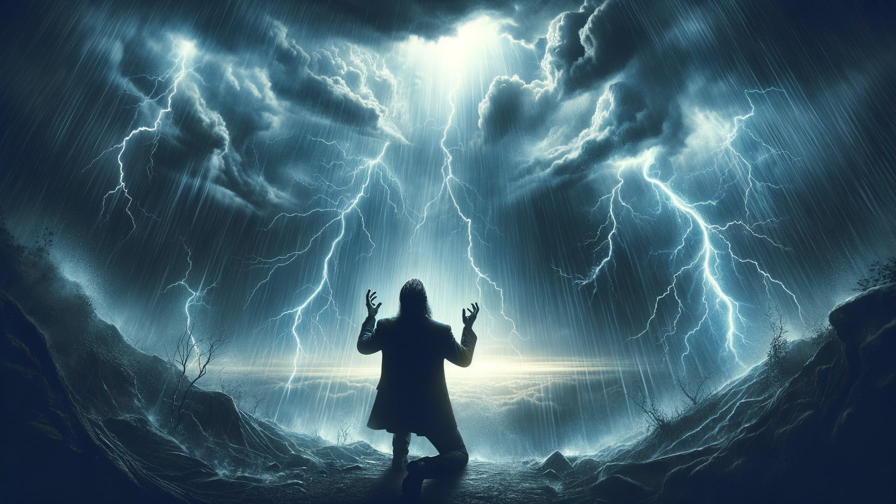 Kneeling Figure in Dramatic Stormy Landscape