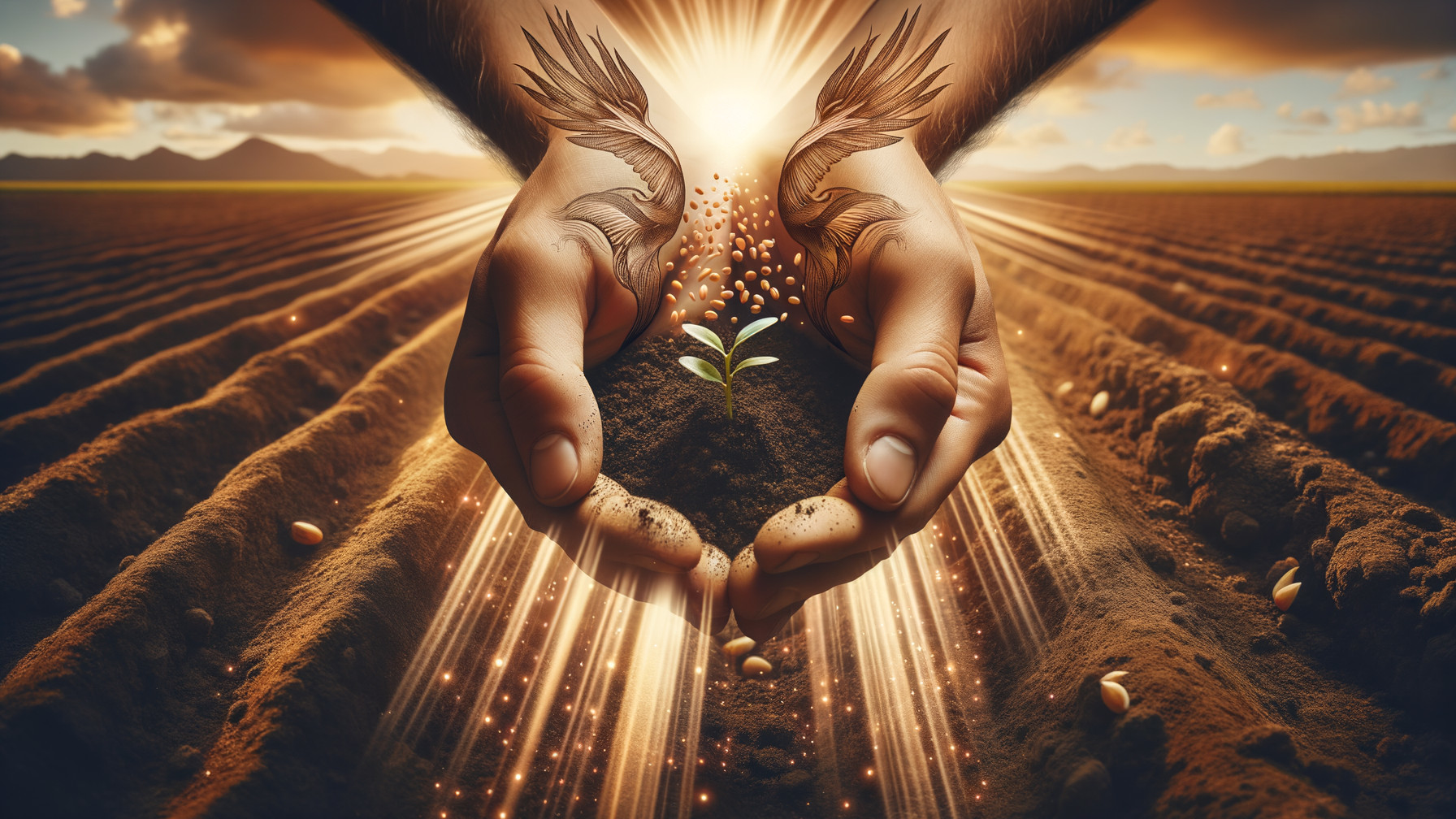 Symbolic Hands Cradling Plant with Tattooed Wings