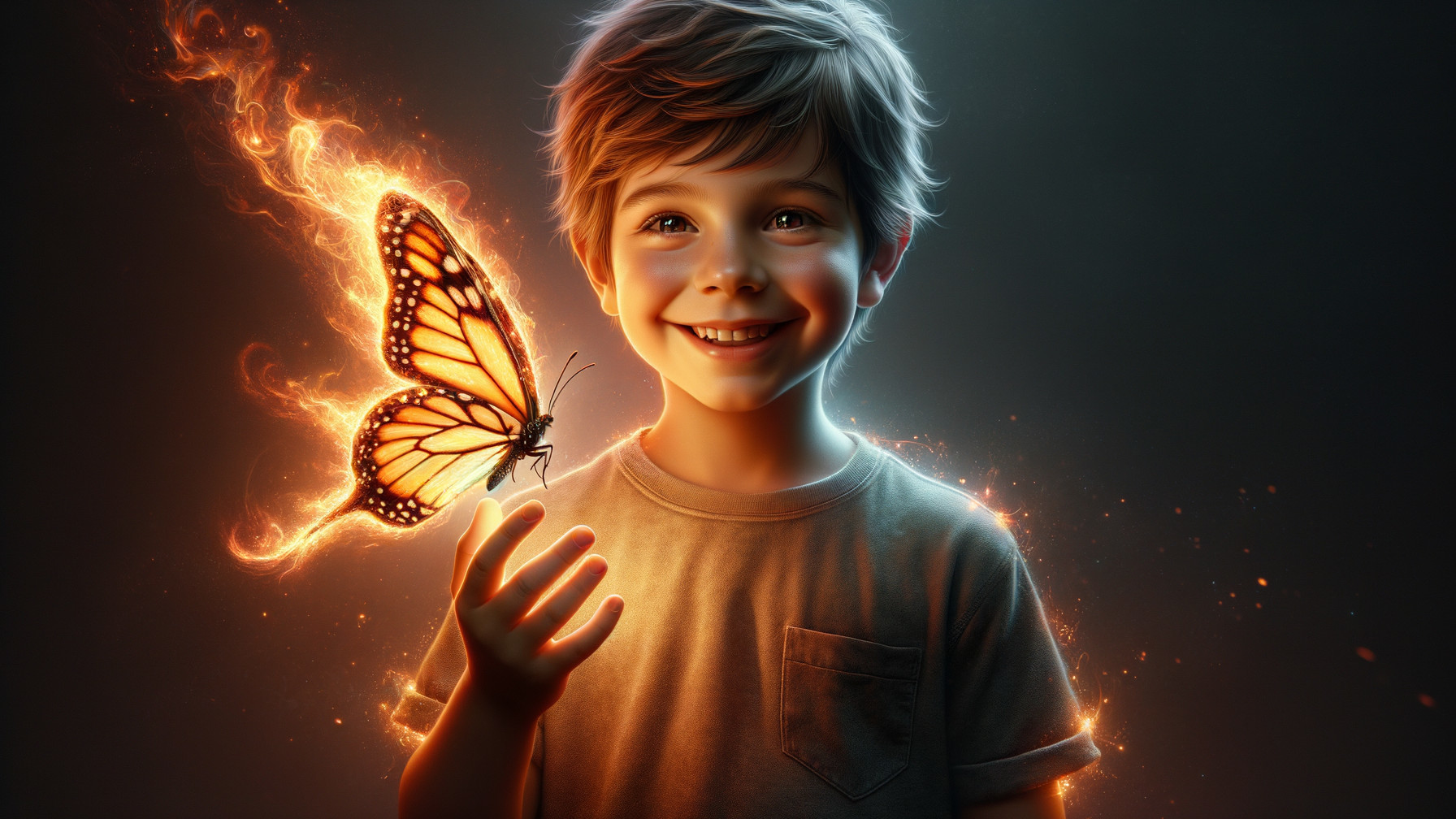 Young boy with butterfly in a magical setting