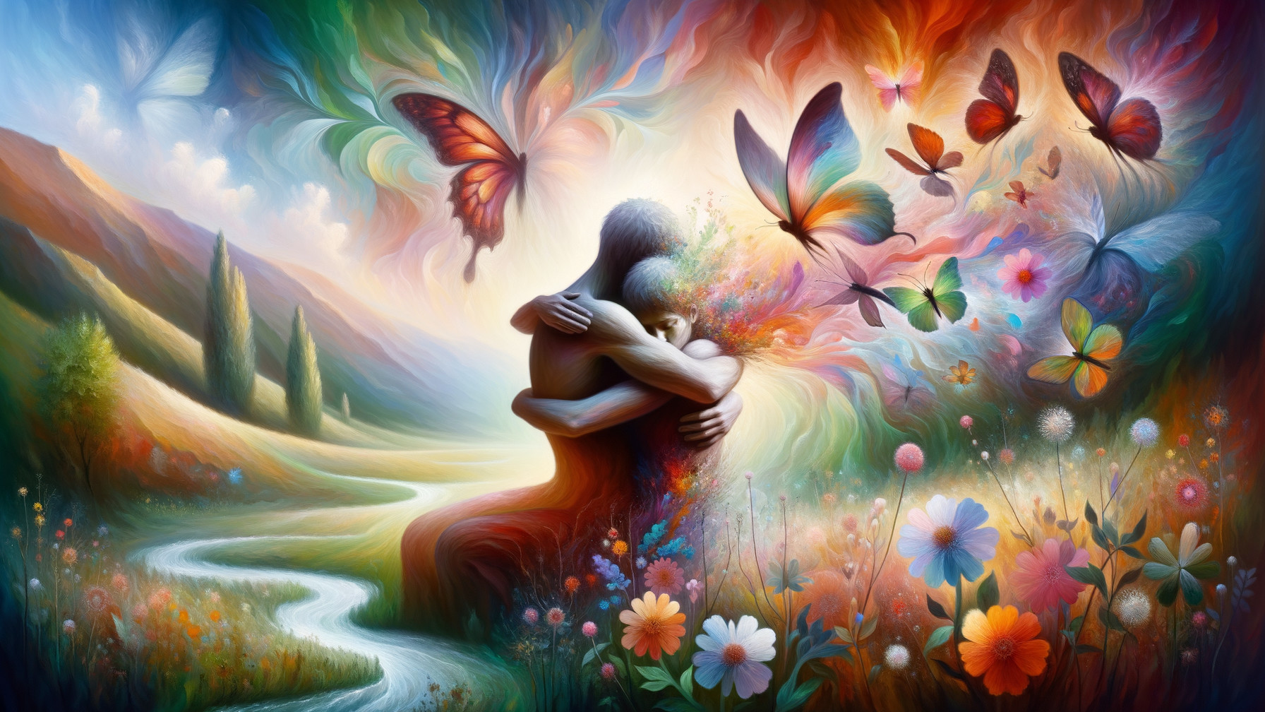 Vibrant Dreamlike Landscape with Embracing Figures