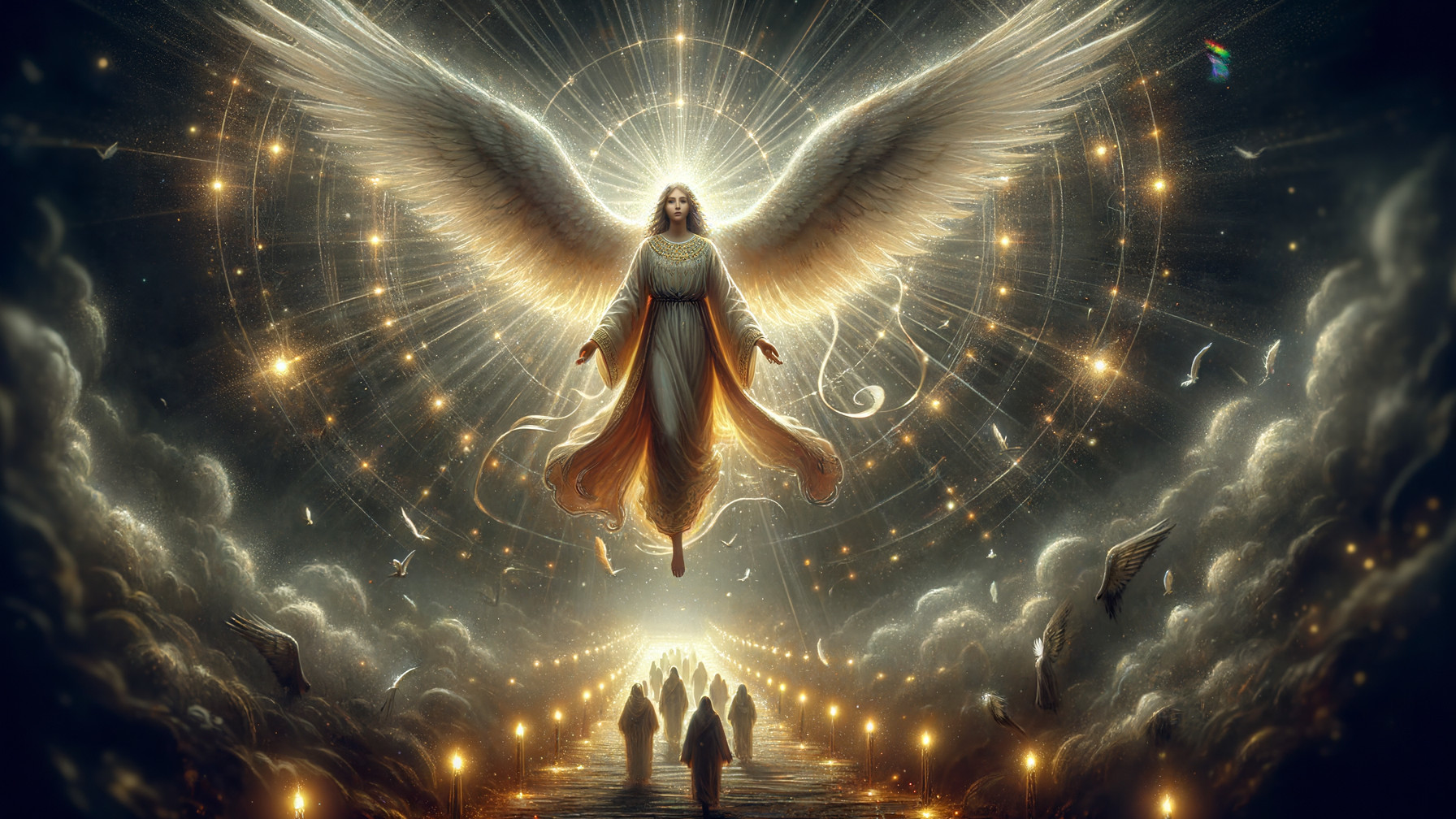 Majestic angel with radiant wings in celestial setting