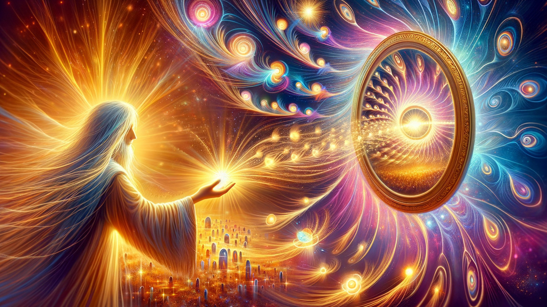 Radiant figure with light and ornate cosmic portal
