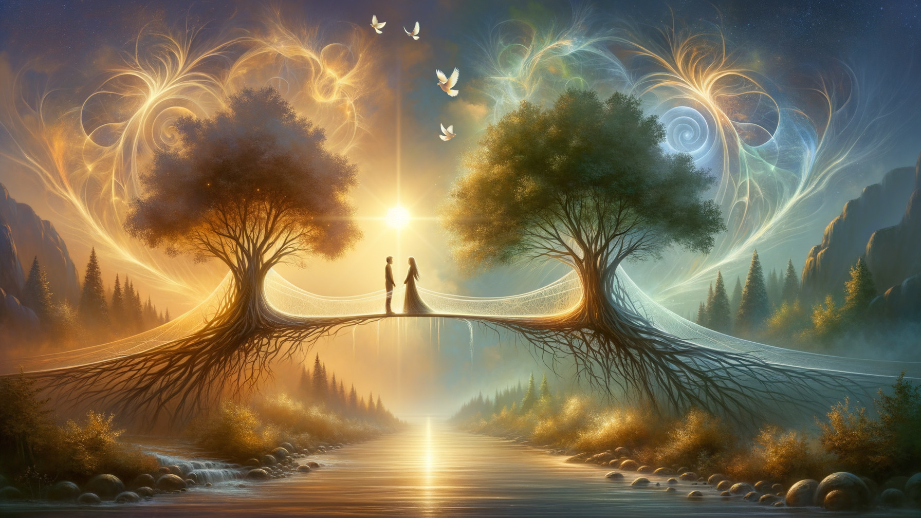 Surreal Landscape with Trees and Shimmering River