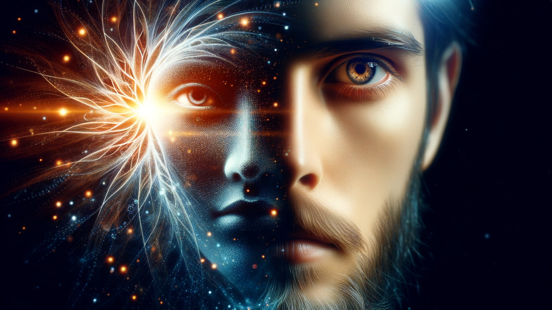 Split Face of Human and Abstract Digital Elements