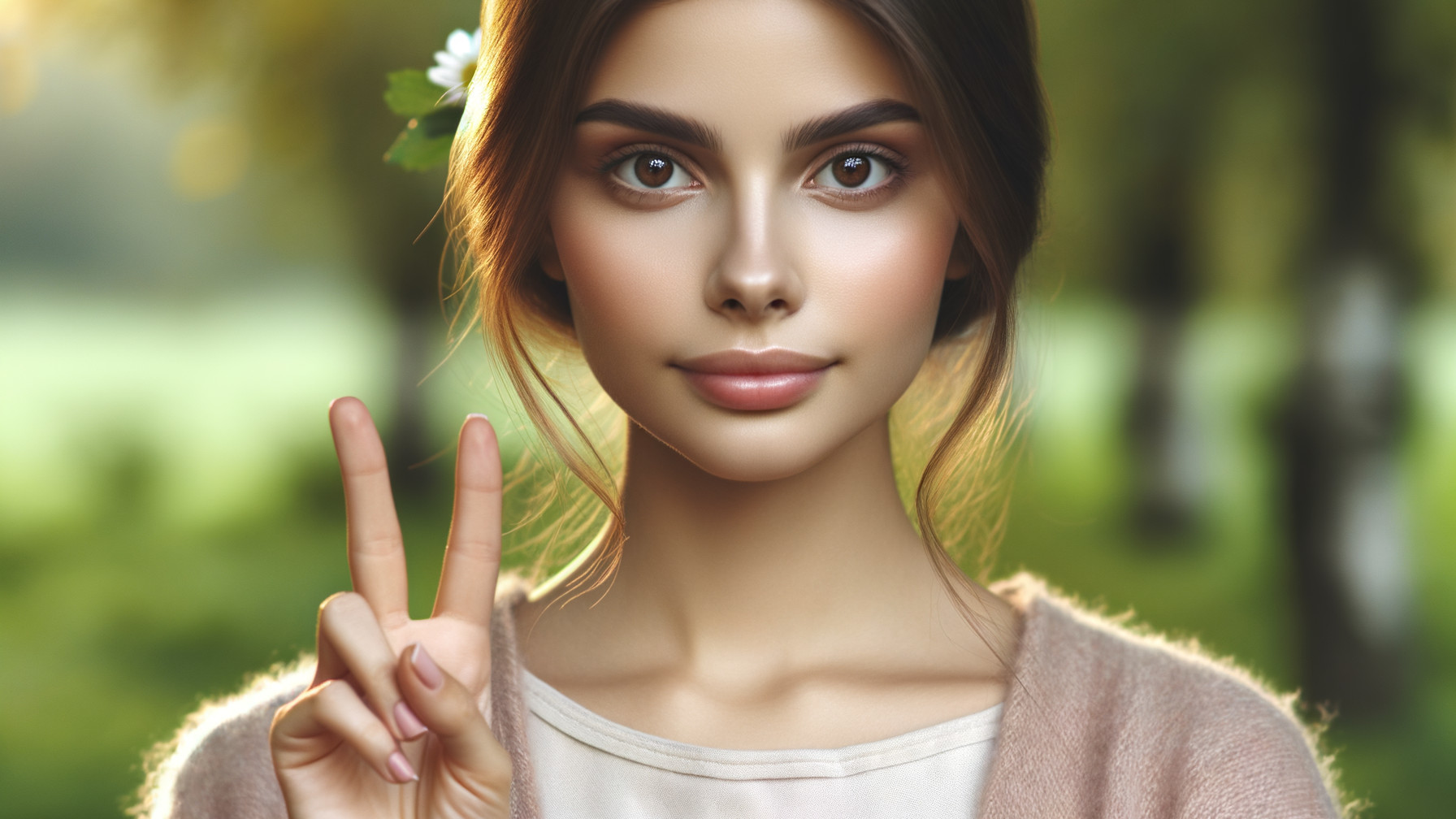 Young Woman in Nature with Peace Sign and Flower
