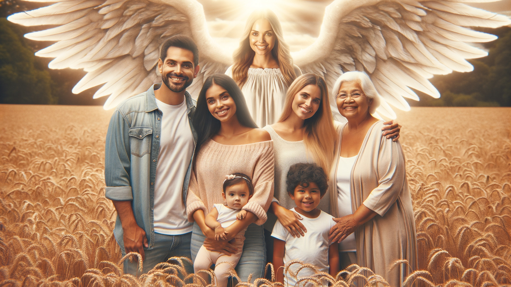 Family Portrait in Golden Wheat Field with Angelic Presence