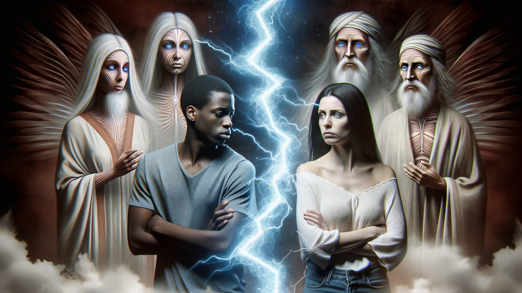 Dramatic scene with lightning, defiant young couple, ancient figures