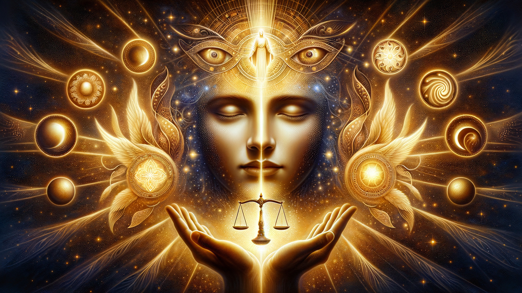 Serene Cosmic Face with Balance and Harmony Elements