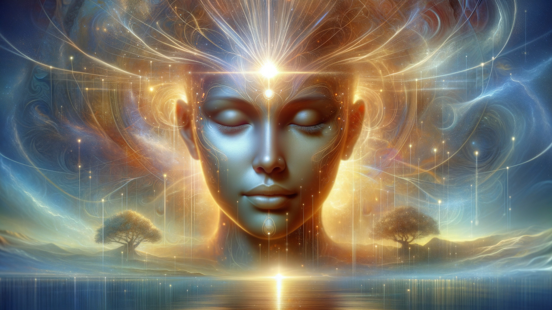 Serene Face with Cosmic Light and Tranquil Background