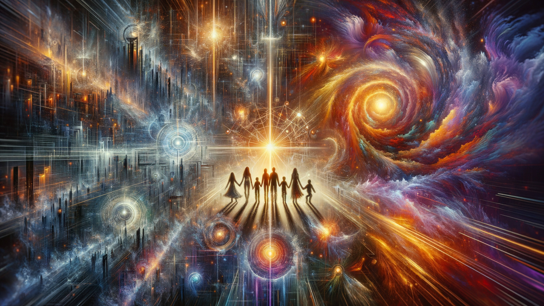 Vibrant Cosmic Scene with Galaxies and Silhouetted Figures