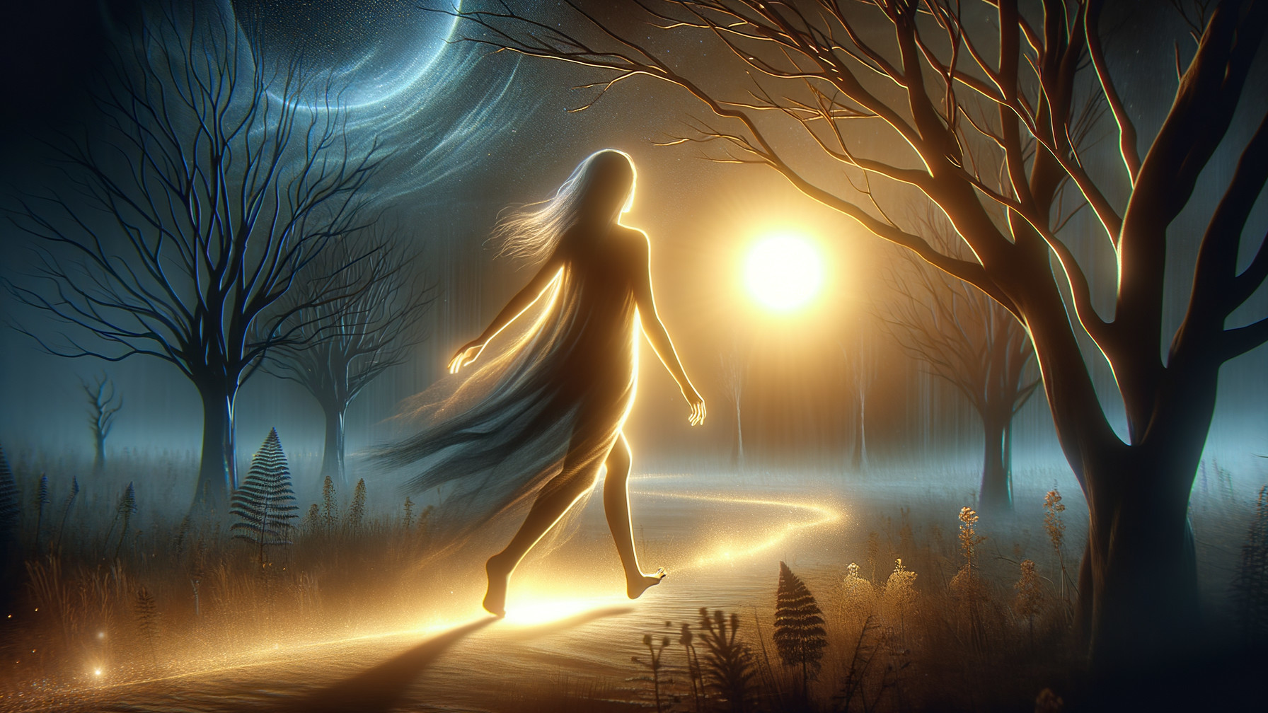 Digital painting of a woman on a golden forest path