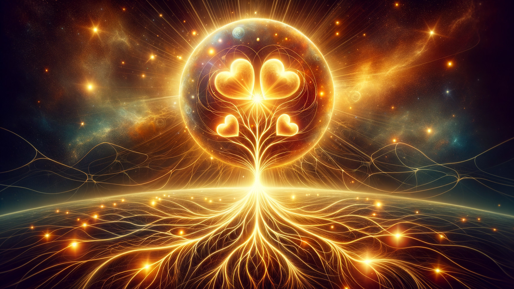 Radiant Tree with Glowing Hearts in Cosmic Setting