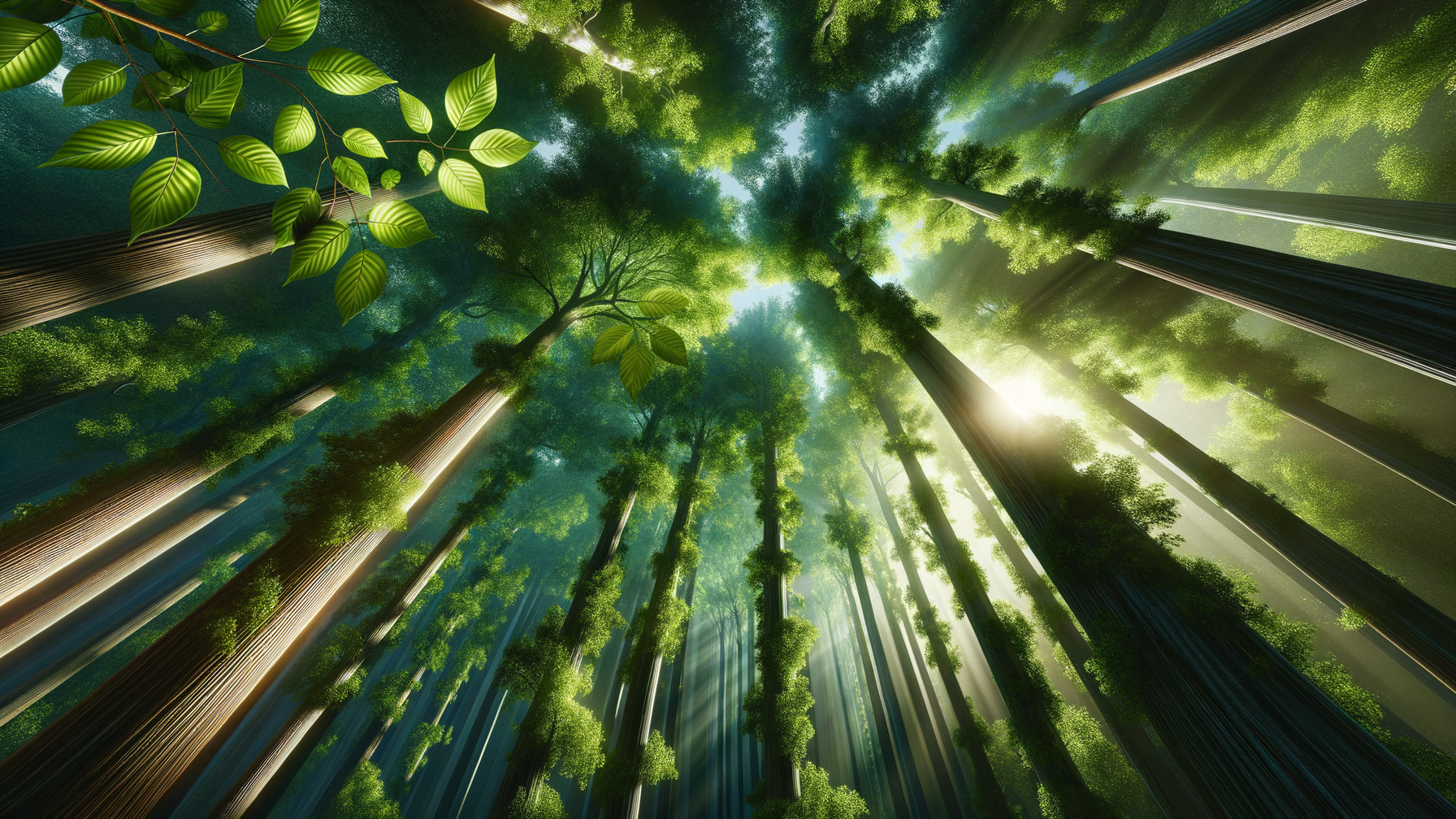 Serene Forest Scene with Towering Trees and Sunlight