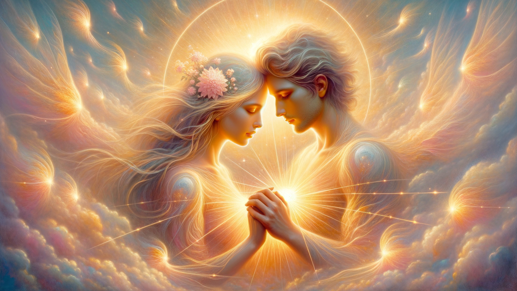 Ethereal Figures Embracing with Glowing Orb and Light