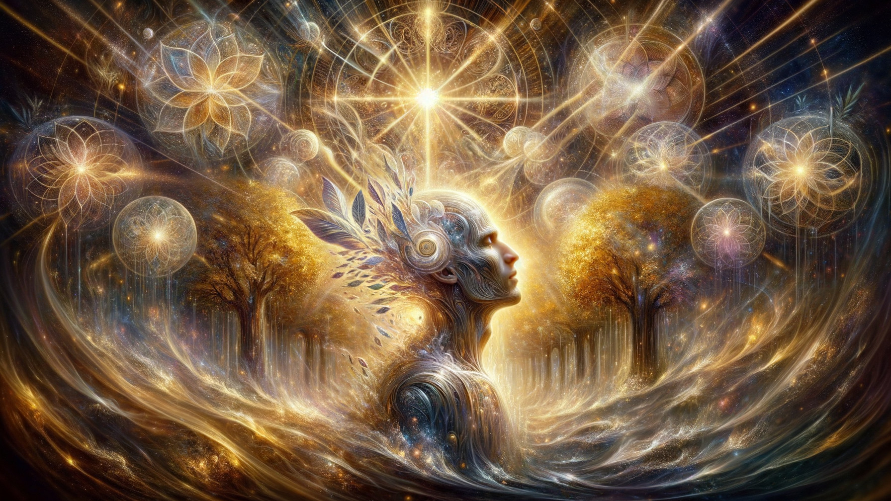 Cosmic Deity with Trees and Mandalas in Vibrant Art