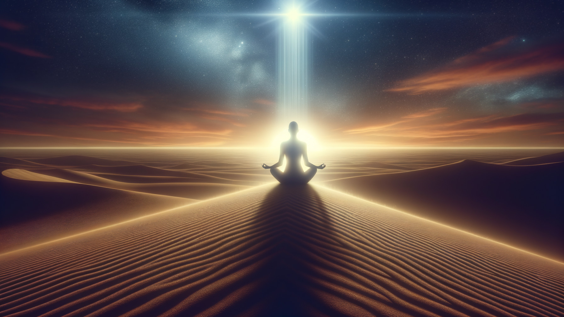 Meditative Figure in Desert at Twilight with Light Beam