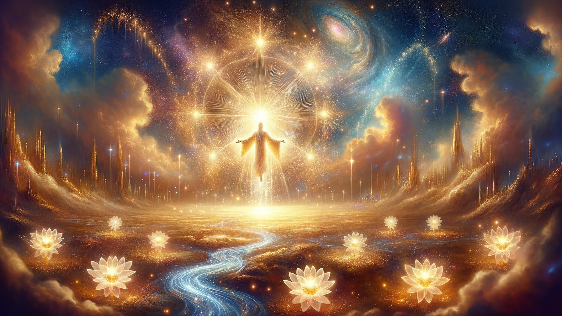 Celestial Landscape with Radiant Figure and Lotus Flowers