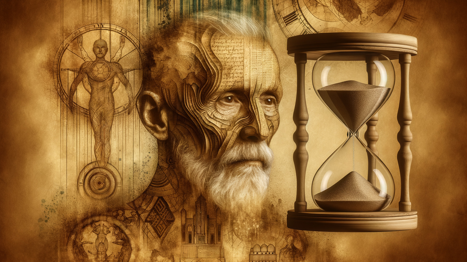 Elderly Man with Intricate Facial Patterns and Hourglass