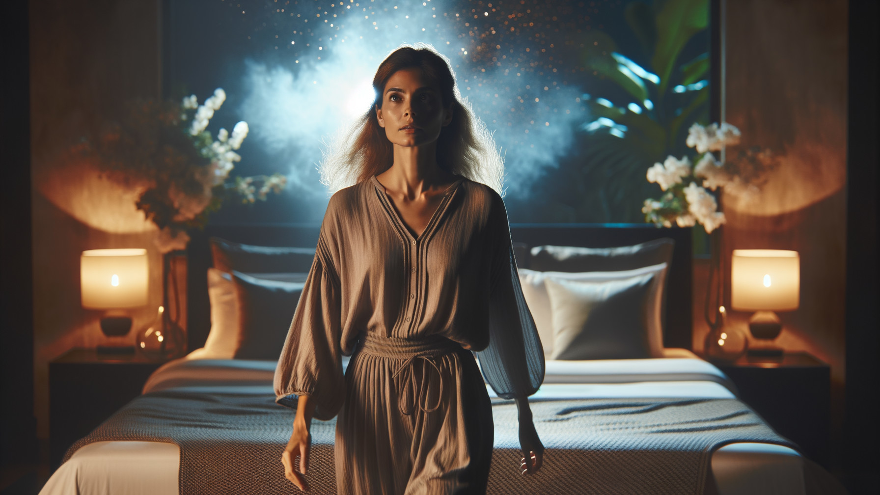 Elegant Middle Eastern Woman in Dimly Lit Bedroom