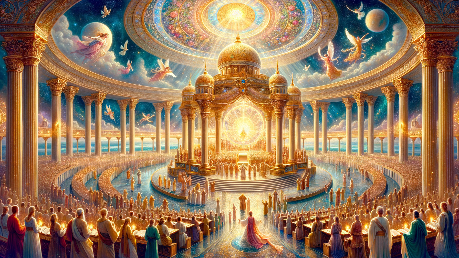 Celestial Gathering in an Ornate Temple Setting