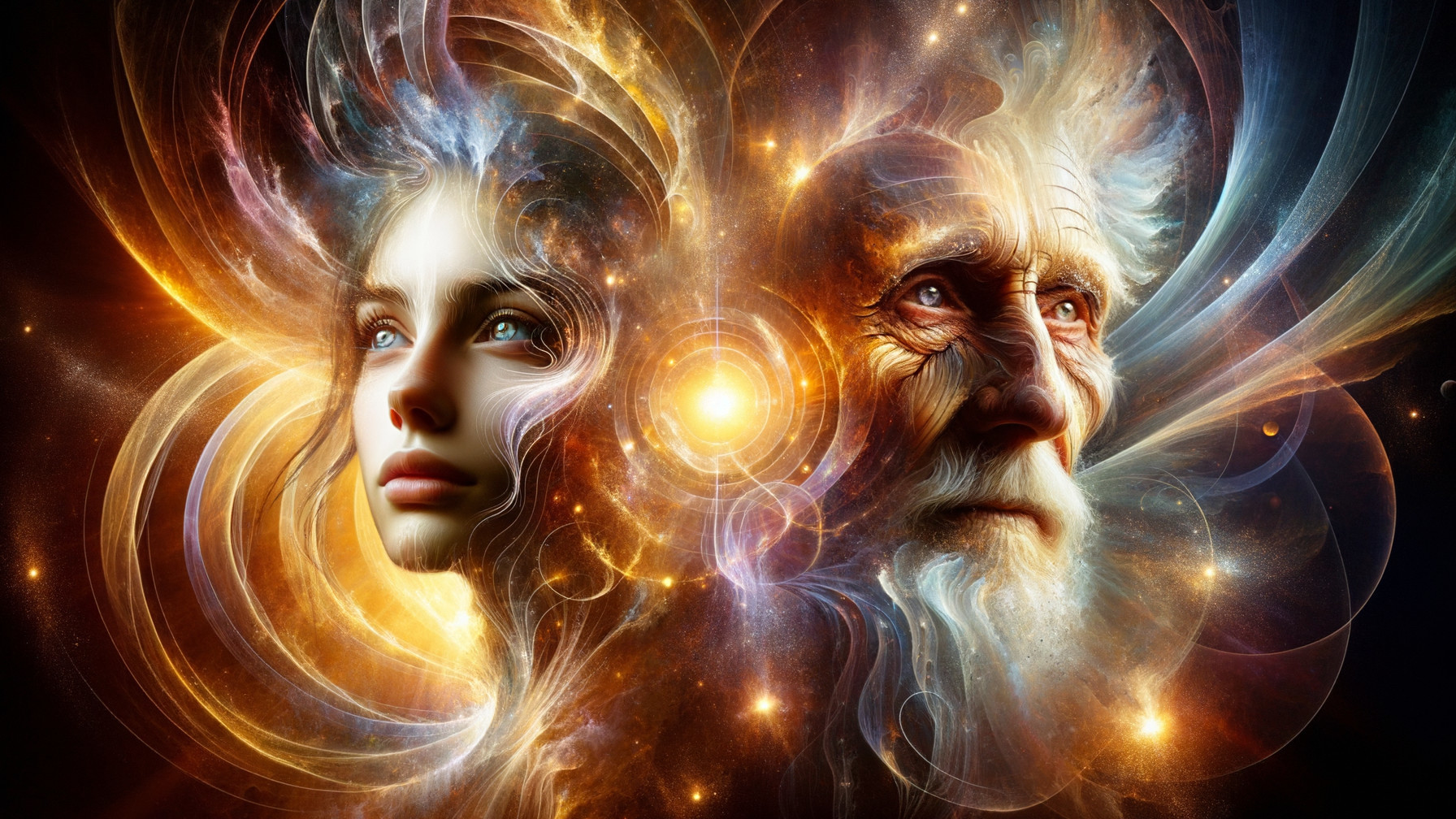 Cosmic Scene of Youthful and Aged Ethereal Faces