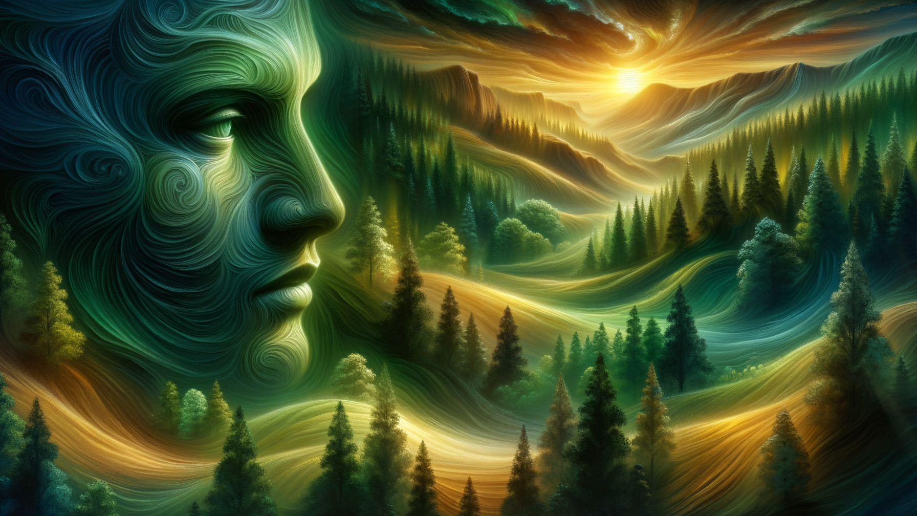 Surreal Landscape with Ethereal Face and Nature Elements