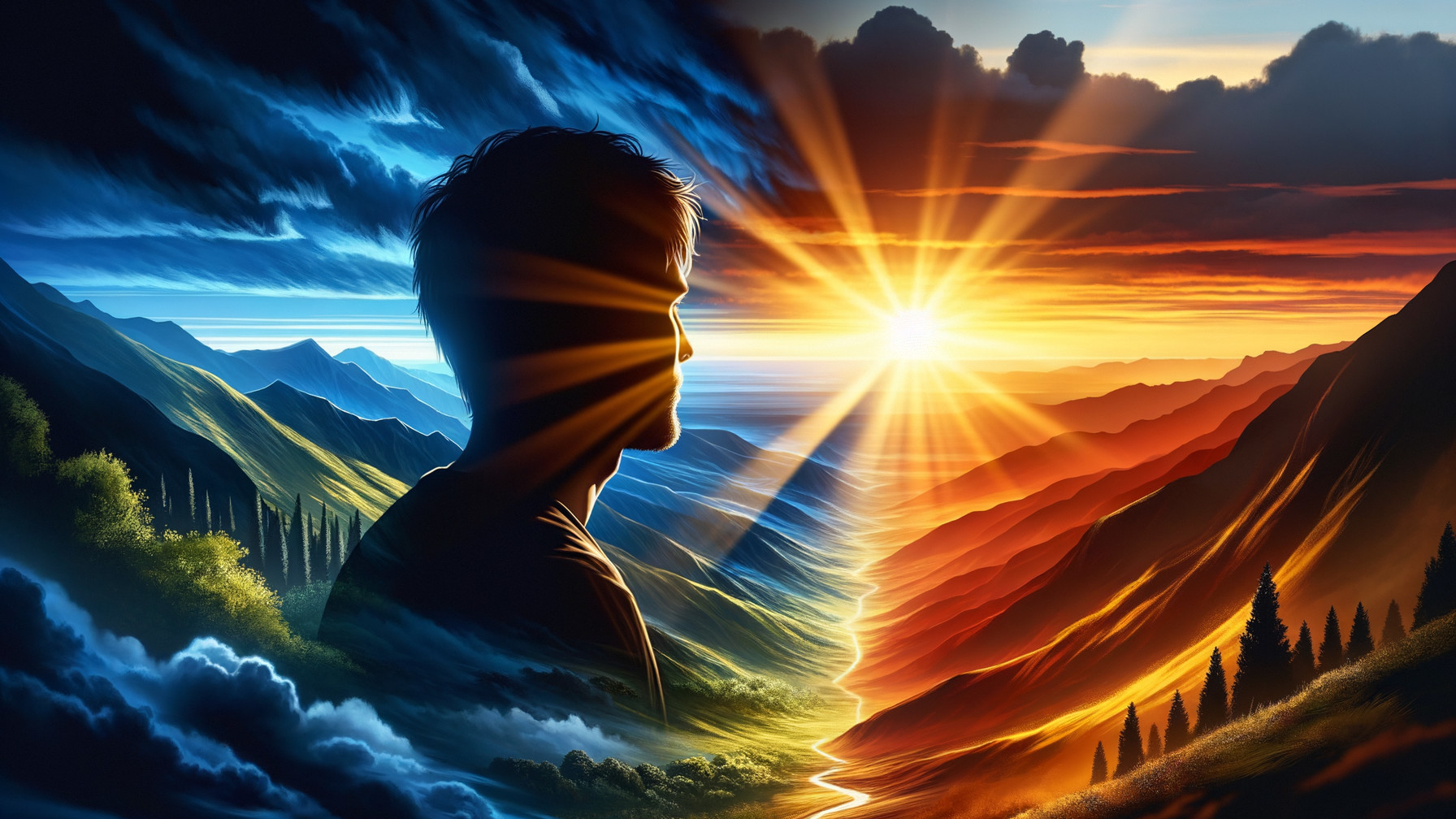 Silhouette Against a Dual-Colored Landscape at Sunrise