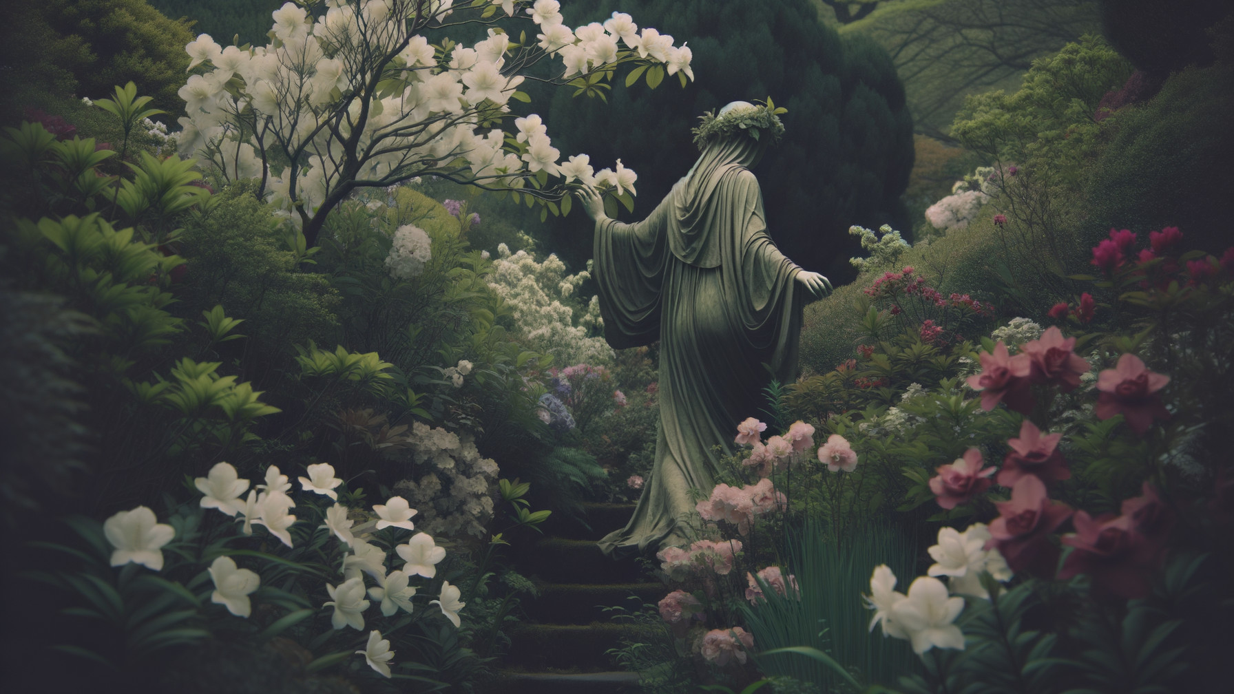 Statue of Cloaked Woman in Blooming Garden Setting