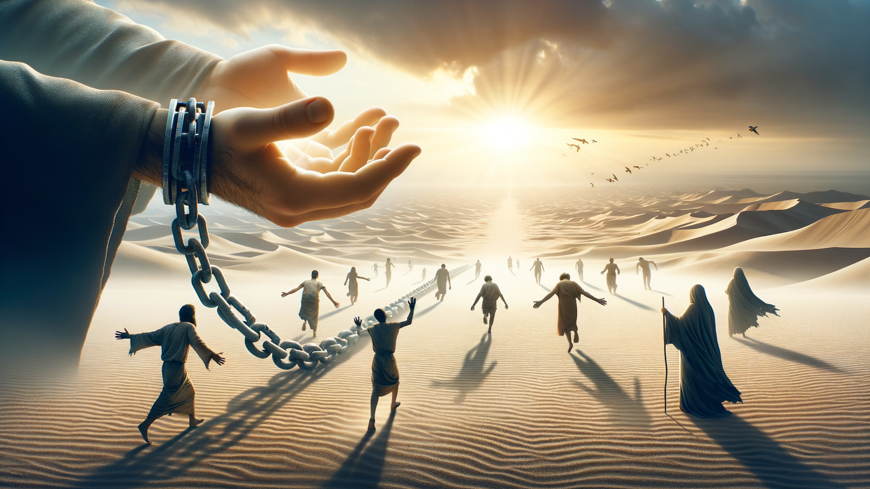 Surreal Desert Landscape with Symbolic Figures and Sunrise