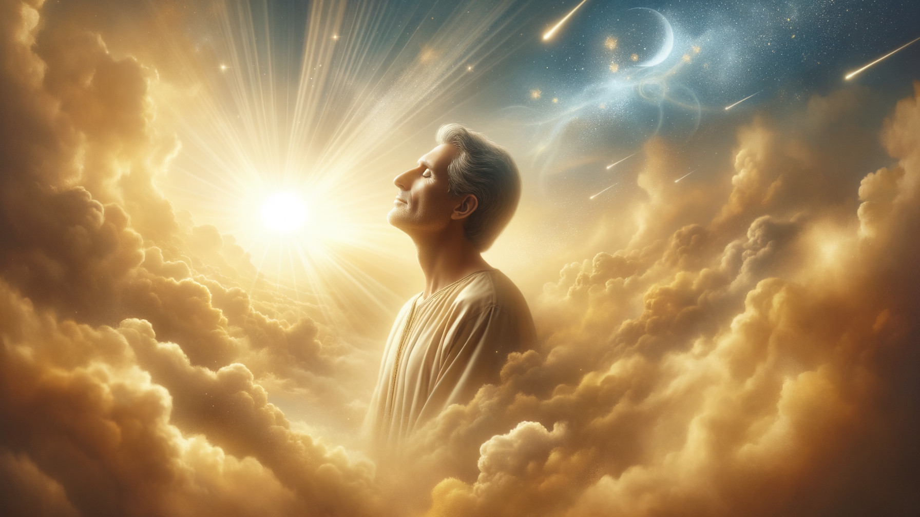 Serene Figure in Dreamlike Cloudy Landscape