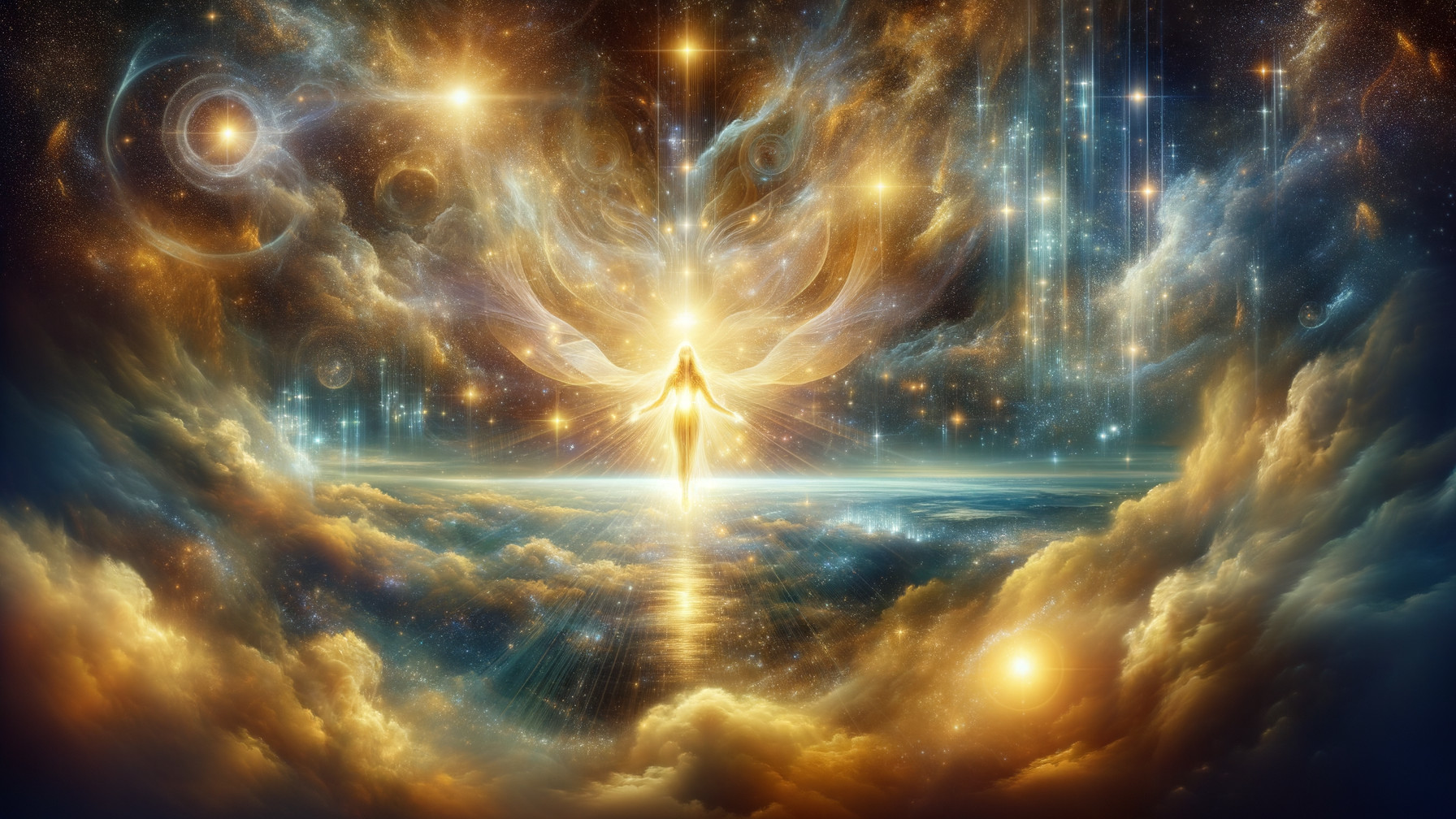 Celestial Scene with Radiant Figure and Cosmic Elements