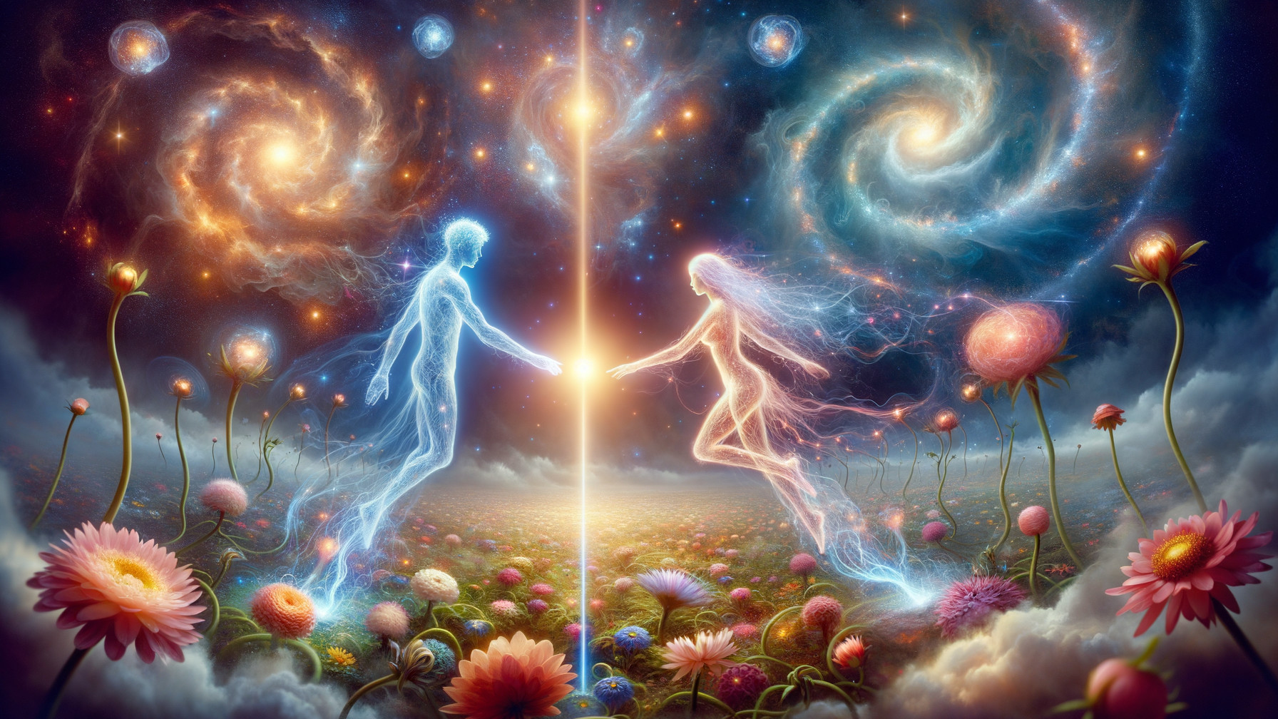 Ethereal Figures in Cosmic Landscape with Flowers