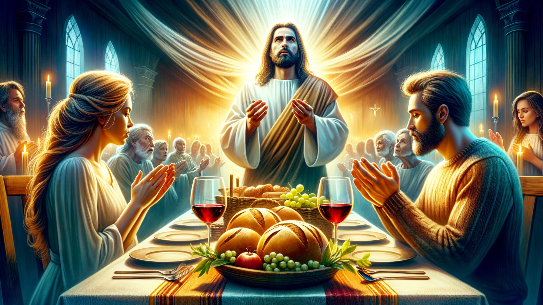 Jesus Blessing at a Banquet Table with Diverse Figures